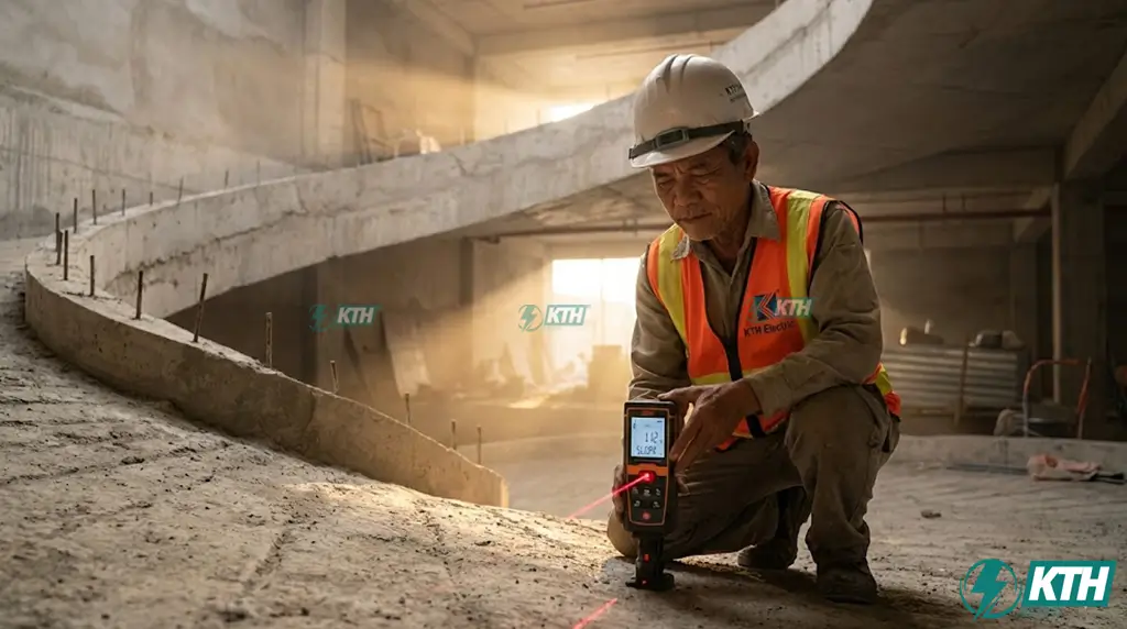 Kỹ sư KTH Electric đang sử dụng máy cân bằng laser để kiểm tra độ dốc ram dốc tầng hầm đảm bảo không vượt quá 15% theo QCVN 13:2018/BXD.