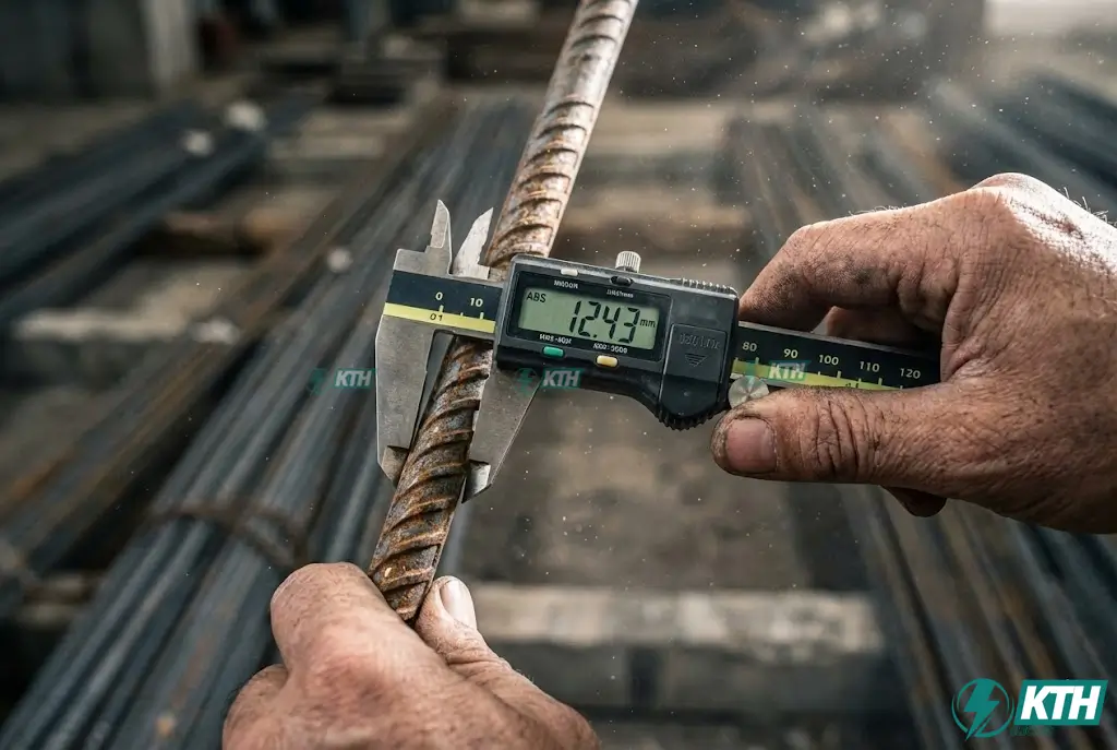 Kỹ sư kiểm tra đường kính thép xây dựng bằng thước kẹp điện tử tuân thủ tiêu chuẩn TCVN 1651-2:2018.