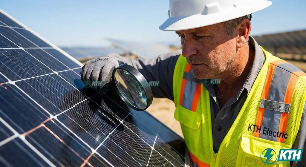 Kỹ sư KTH Electric đang kiểm tra bề mặt tấm pin năng lượng mặt trời đạt tiêu chuẩn IEC 61215 để phát hiện vết nứt tế bào.