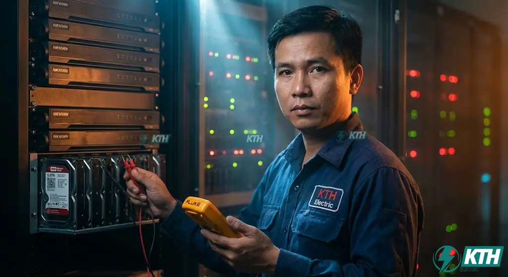 Kỹ thuật viên KTH Electric chuyên nghiệp đang kiểm tra hệ thống camera giám sát bị nhiễu sọc tại TP.HCM.