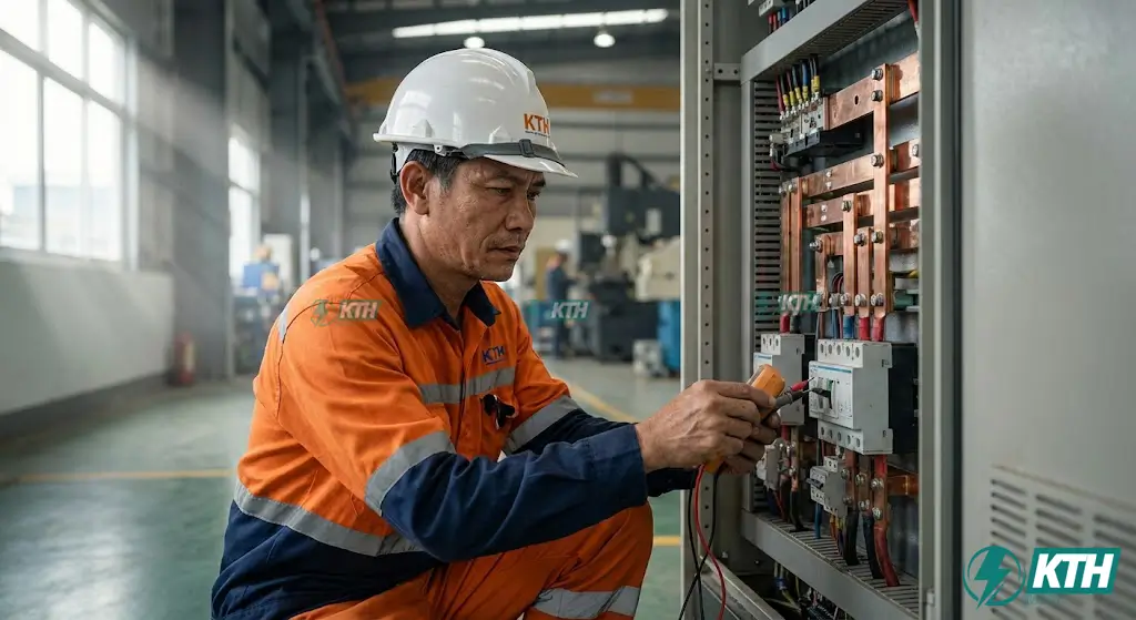 Kỹ sư chuyên gia của KTH Electric đang thực hiện quy trình bảo trì tủ điện tổng MSB và kiểm tra thanh cái theo tiêu chuẩn QCVN 25:2025.