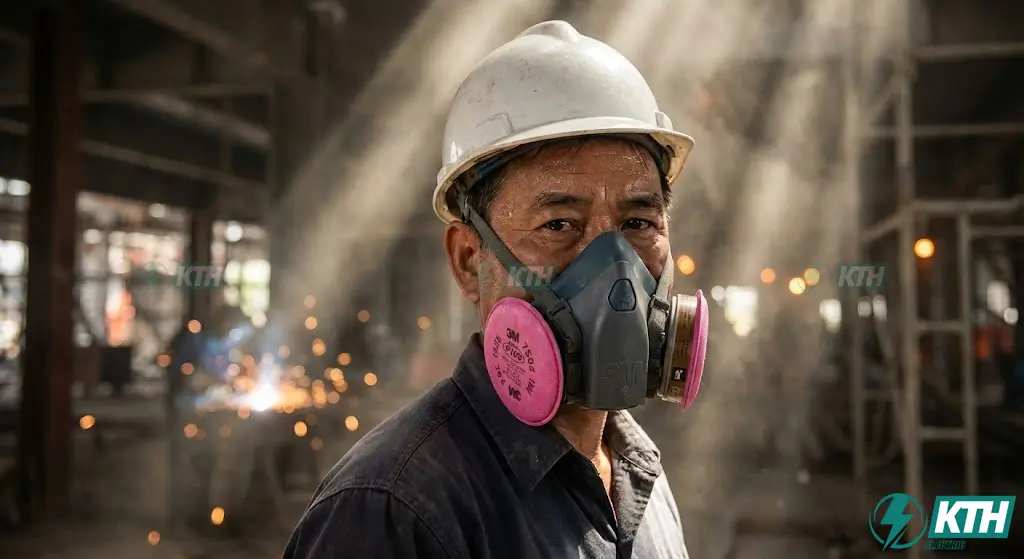 Kỹ sư điện sử dụng mặt nạ phòng độc 3M 7502 chính hãng lọc bụi mịn tại công trường xây dựng KTH Electric.