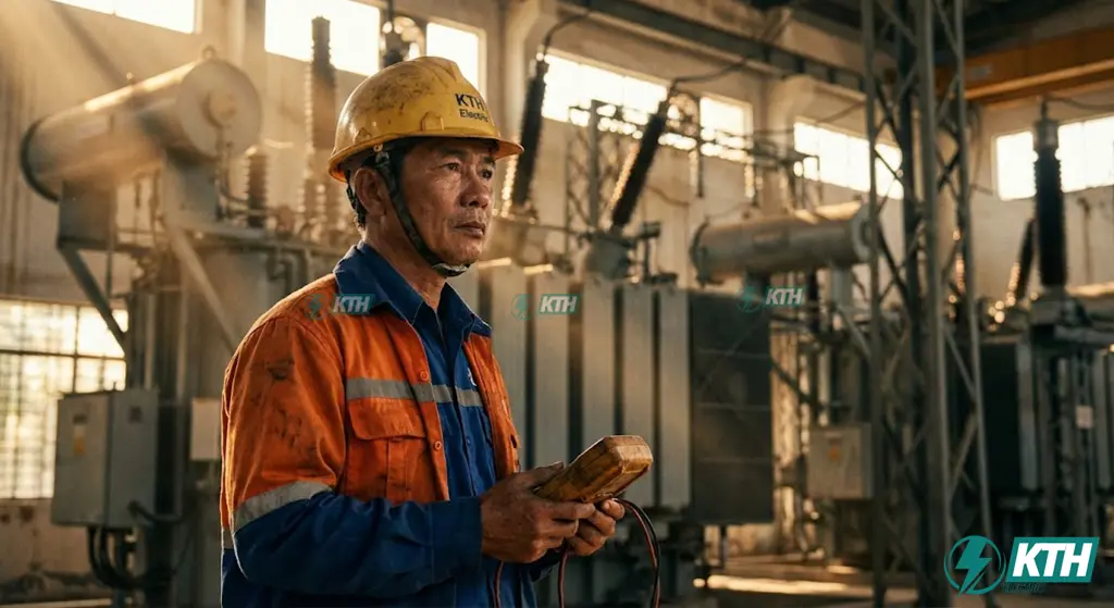 Kỹ sư điện KTH Electric giàu kinh nghiệm đang kiểm tra an toàn tại trạm biến áp công nghiệp tuân thủ Thông tư 33/2015/TT-BCT.
