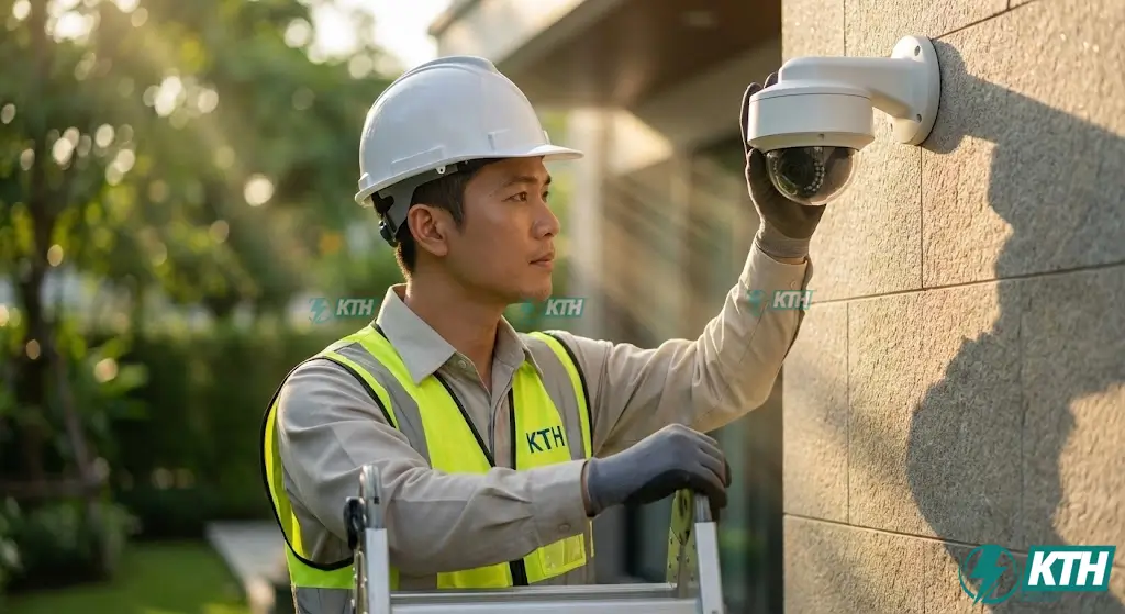 Kỹ sư điện KTH Electric đang thi công lắp đặt camera quan sát chuẩn M&E tại biệt thự cao cấp TP.HCM.