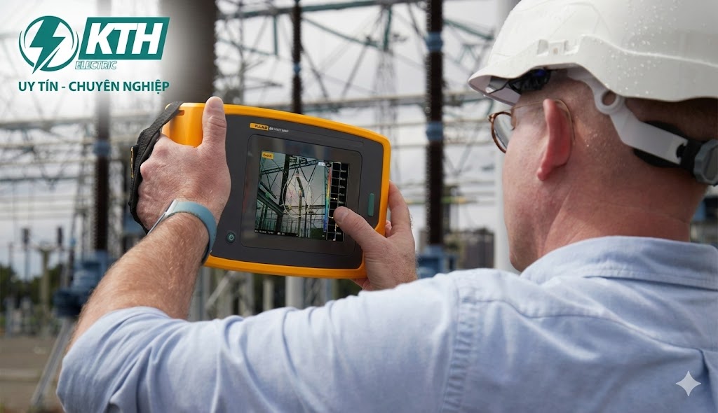 Dịch Vụ Đo Phóng Điện Cục Bộ (PD Online): Chẩn Đoán Lỗi Cách Điện MV/HV 1 Kỹ sư điện có kinh nghiệm đang thực hiện đo phóng điện cục bộ (PD) online bằng thiết bị cầm tay chuyên dụng trên tủ điện trung thế tại trạm biến áp, áp dụng phương pháp bảo trì dự đoán không cắt điện.