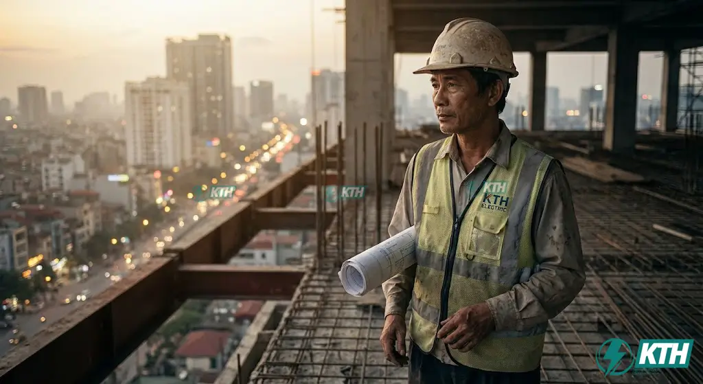 Kỹ sư kết cấu KTH Electric đứng trên công trình nhà cao tầng tại Hà Nội, khảo sát bối cảnh đô thị để áp dụng tiêu chuẩn thiết kế kháng chấn TCVN 9386:2012.