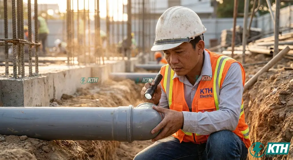 Kỹ sư điện nước đang khảo sát quy trình đấu nối thoát nước tòa nhà ra cống thành phố chuẩn kỹ thuật.