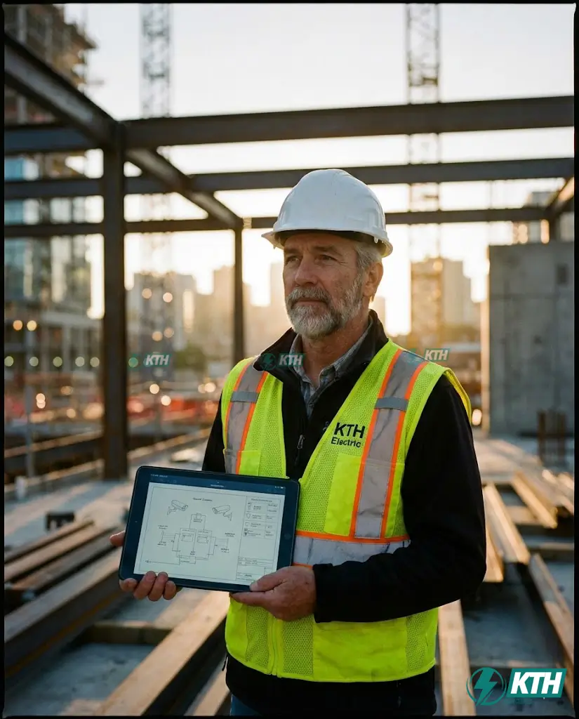 Các Loại Camera Giám Sát Phổ Biến 2025: Cẩm Nang Chọn Mua Chuẩn Kỹ Sư 1 Kỹ sư điện nhẹ KTH Electric giàu kinh nghiệm đang khảo sát thực tế hệ thống camera giám sát tại công trình xây dựng phức tạp.