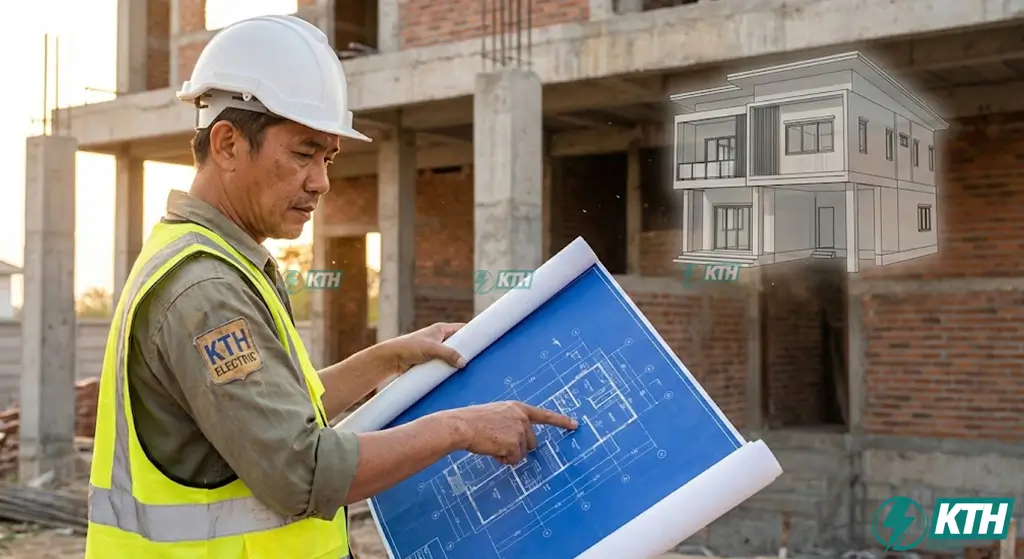 Kỹ sư kiểm tra bản vẽ kết cấu nhà phố tại công trình xây dựng thực tế so sánh với phối cảnh kiến trúc.