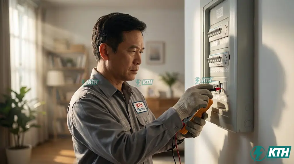Kỹ sư điện KTH Electric đang kiểm tra bảng chọn aptomat theo công suất cho gia đình để đảm bảo an toàn điện và tránh quá tải.