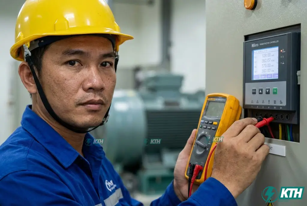 Kỹ sư KTH Electric đang kiểm tra cài đặt bộ điều khiển tụ bù Mikro và đo đạc thông số sóng hài tại nhà máy.