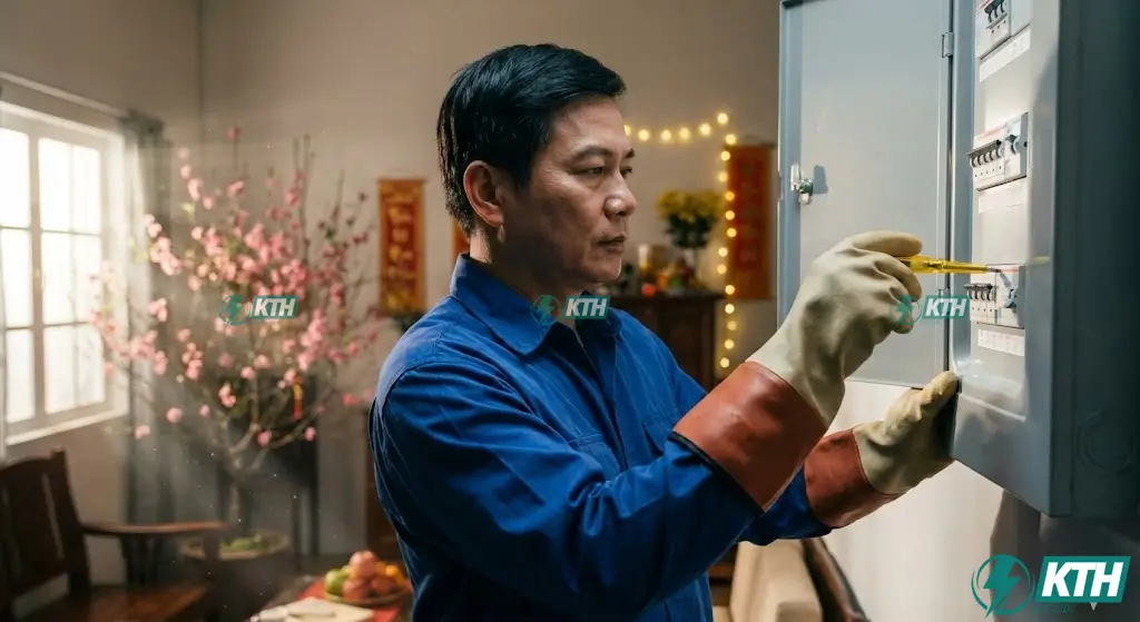 Kỹ sư điện KTH Electric đang kiểm tra hệ thống điện, rà soát aptomat tổng để đảm bảo an toàn phòng chống cháy nổ dịp Tết Nguyên Đán.