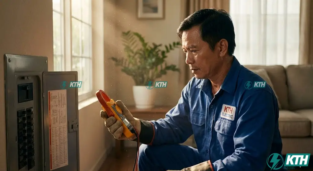 Kỹ sư điện KTH Electric đang dùng ampe kìm đo dòng điện tại tủ aptomat tổng để kiểm tra tình trạng quá tải điện mùa nắng nóng.