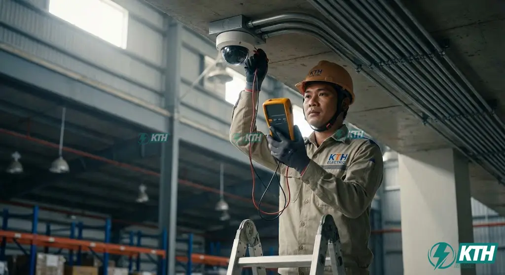Kỹ sư điện KTH Electric đang bảo trì hệ thống camera quan sát nhà xưởng, kiểm tra nguồn điện và tín hiệu định kỳ.