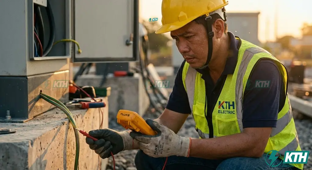 Trạm Sạc Gần Đây: 3 Cách Tìm, Giá Sạc & Lưu Ý An Toàn 2025 4 Kỹ sư điện KTH Electric đang sử dụng đồng hồ vạn năng để đo điện trở tiếp địa và kiểm tra an toàn rò điện tại trạm sạc.