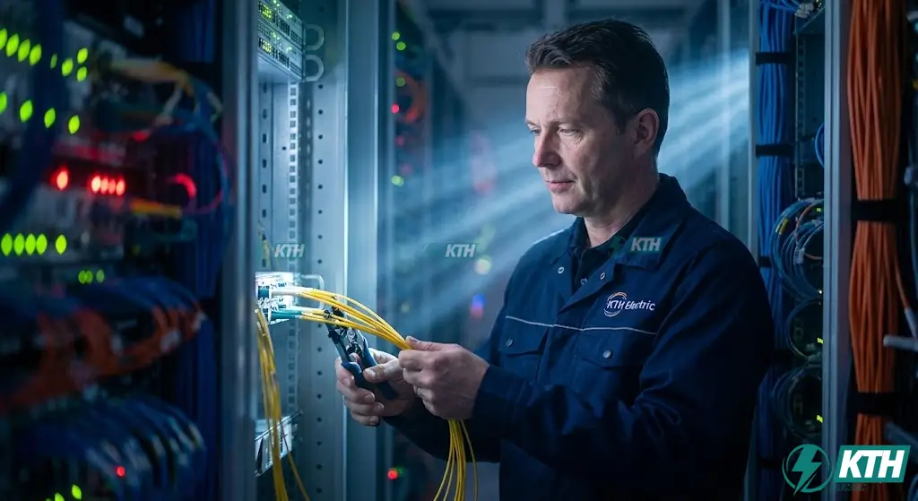 Kỹ sư điện nhẹ KTH Electric đang kiểm tra thiết bị DAS chủ động và hệ thống cáp quang trong phòng máy trung tâm của hệ thống IBS.