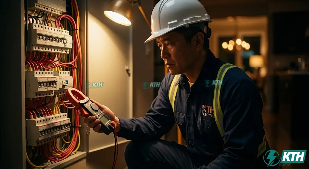 Kỹ sư điện KTH Electric đang kiểm tra tải và độ an toàn của hệ thống dây dẫn trong tủ điện tổng, đảm bảo không xảy ra hiện tượng quá tải hay sụt áp.