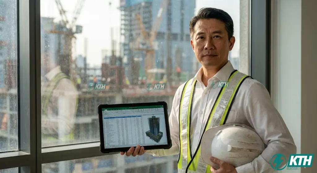 Kỹ sư QS (Quantity Surveyor) đang kiểm soát chi phí và khối lượng dự án xây dựng cơ điện trên máy tính bảng.