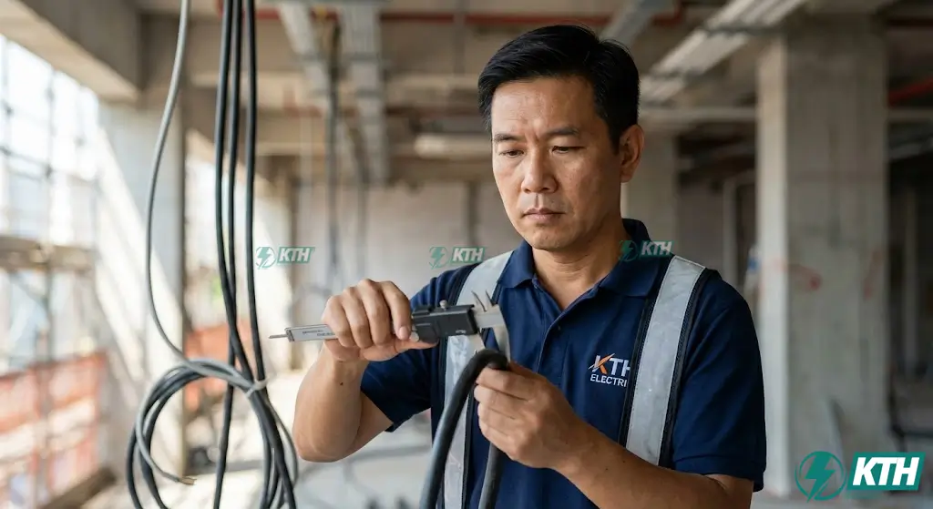 Kỹ sư điện KTH Electric với 20 năm kinh nghiệm đang sử dụng thước kẹp để kiểm tra tiết diện dây dẫn, đảm bảo tư vấn chọn dây đúng công suất và tiêu chuẩn an toàn cho khách hàng.