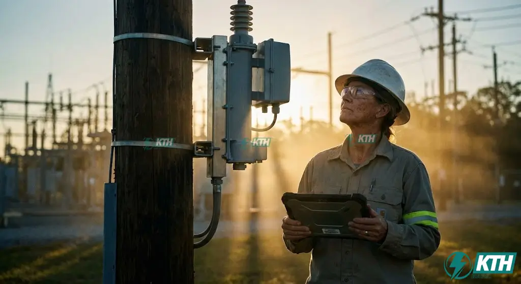 DAS Là Gì? Giải Mã 3 Hệ Thống DAS: Lưu Trữ, Viễn Thông & Điện Lực 4 Kỹ sư điện lực kiểm tra thiết bị tự động hóa lưới điện phân phối DAS và recloser trên cột điện ngoài trời.