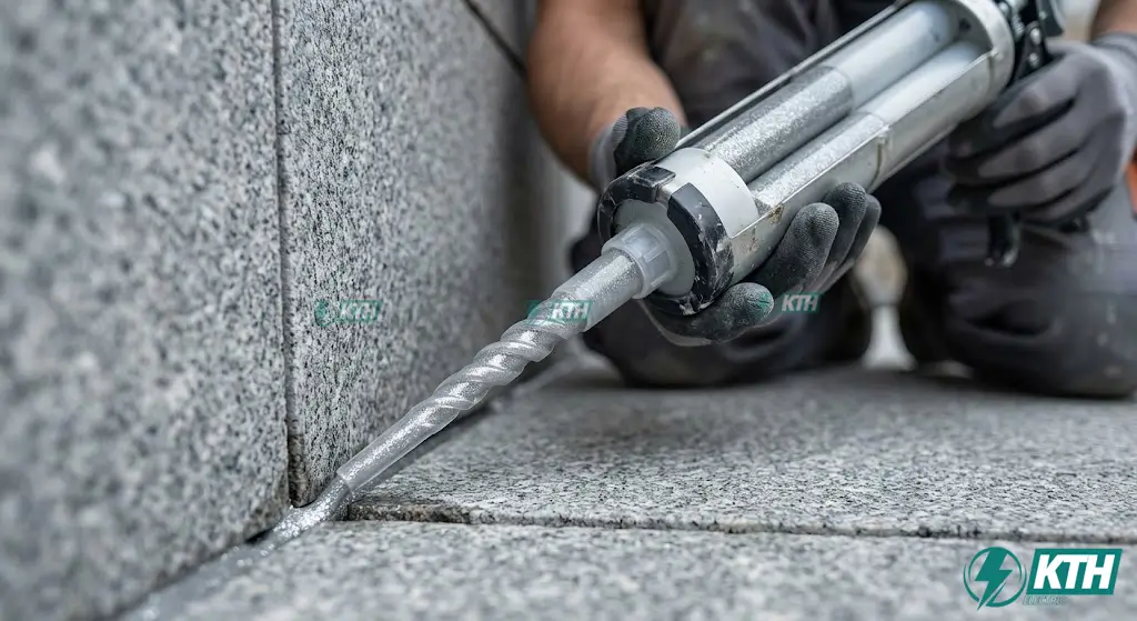 Thi Công Keo Ron Gạch Hai Thành Phần: Quy Trình 5 Bước Chuẩn 2025 3 Kỹ thuật bắn keo ron gạch hai thành phần đi sâu vào khe gạch bằng súng bắn keo hai nòng nghiêng 45 độ chuẩn SOP.