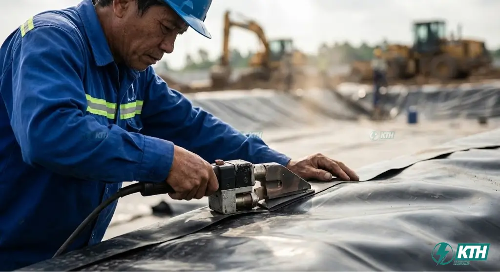 Kỹ thuật viên KTH Electric đang thi công hàn màng chống thấm HDPE bằng máy hàn nhiệt kép chuyên dụng đảm bảo độ kín tuyệt đối.