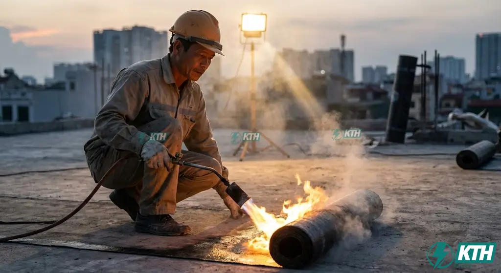 Quy trình thi công màng khò nóng Bitum chống thấm sàn mái bê tông chịu nhiệt.