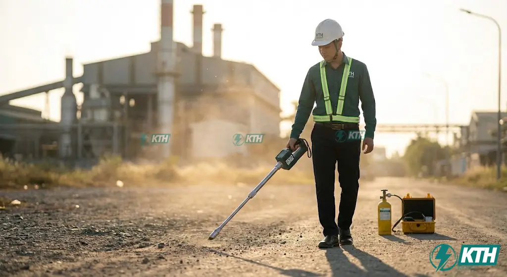 Kỹ sư KTH Electric đang sử dụng công nghệ khí vết Hydro để dò tìm điểm bể đường ống PCCC ngầm chính xác.