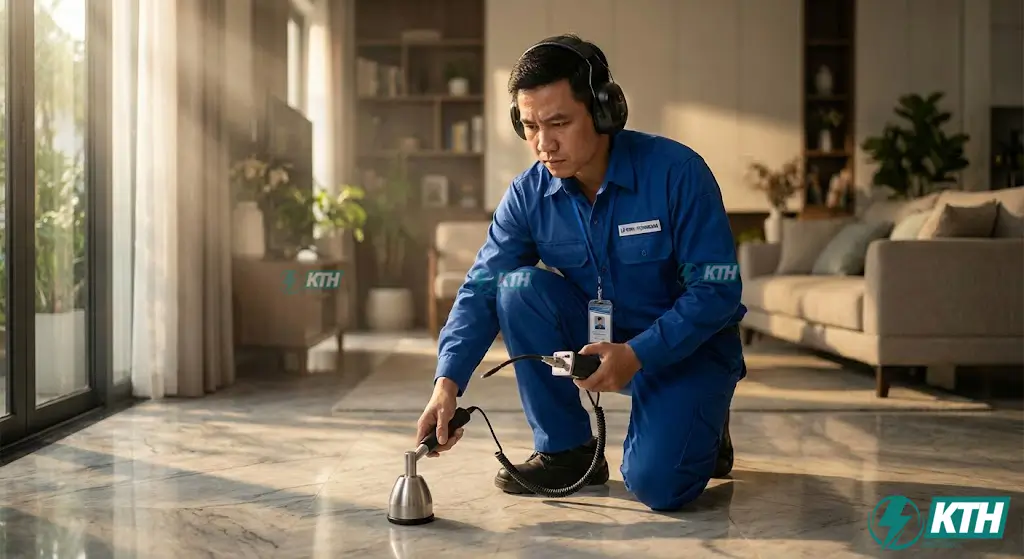 Bảng Giá Dò Tìm Rò Rỉ Nước 2025: Báo Giá Siêu Âm "Không Đục Phá" 1 Kỹ thuật viên KTH Electric đang sử dụng máy dò sóng âm chuyên dụng để dò tìm rò rỉ nước ngầm không đục phá tại hộ gia đình.