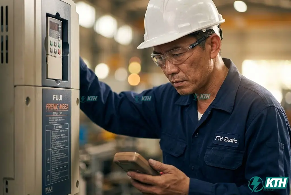 Kỹ sư KTH Electric đang kiểm tra khả năng chịu quá tải của biến tần Fuji FRENIC-MEGA tại nhà máy sản xuất.