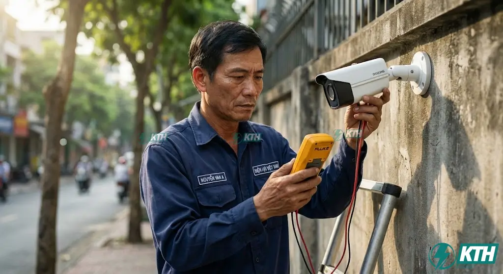 Kỹ thuật viên KTH Electric dùng đồng hồ vạn năng kiểm tra nguồn camera giám sát bị mất tín hiệu tại nhà khách hàng TP.HCM.