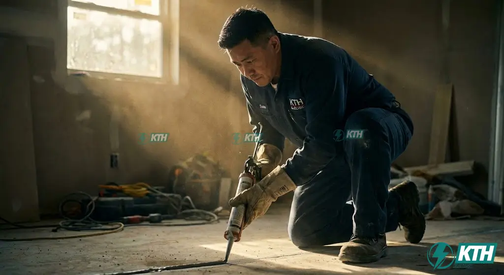 Kỹ thuật viên KTH Electric đang thi công bắn keo Epoxy chống thấm cho sàn nhà tắm tại Phạm Văn Chiêu, Gò Vấp với quy trình chuyên nghiệp.