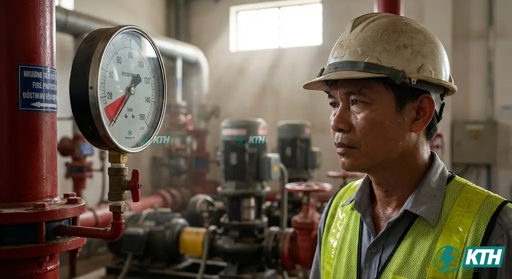 Kỹ thuật viên nhà máy đang lo lắng kiểm tra đồng hồ áp suất PCCC bị tụt áp do rò rỉ ngầm.