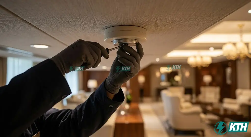 Cận cảnh anten nấm (Omni antenna) của hệ thống IBS được lắp đặt thẩm mỹ và kín đáo trên trần thạch cao của sảnh khách sạn cao cấp.