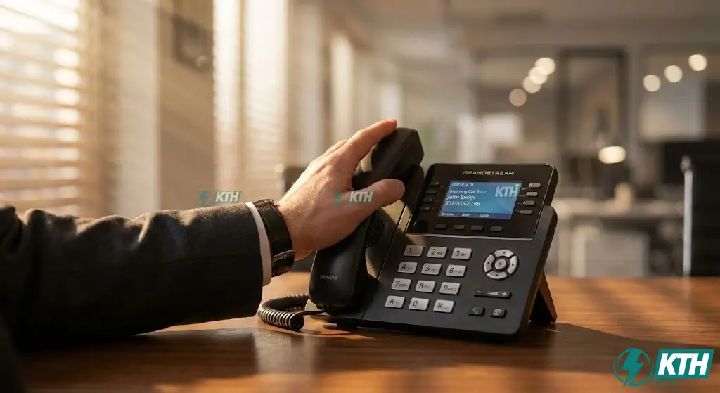 Điện thoại IP Grandstream hiện đại trên bàn làm việc văn phòng, giải pháp tổng đài ảo chuyên nghiệp cho doanh nghiệp.