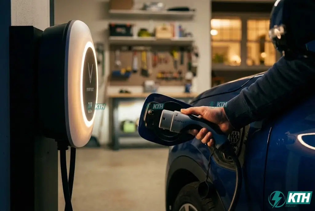 Công Suất Trạm Sạc EV: 7kW Hay 350kW? Cách Chọn Tiết Kiệm 2025 2 Cận cảnh người dùng đang cắm sạc từ bộ trụ sạc treo tường Wallbox 7kW vào xe ô tô điện VinFast tại garage gia đình an toàn.