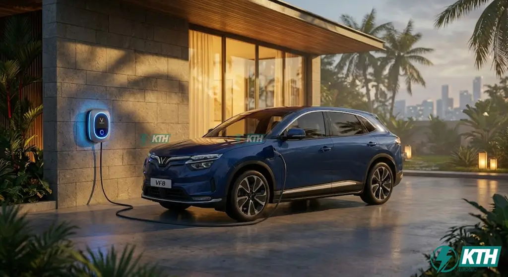 Dịch vụ lắp đặt trạm sạc xe điện VinFast VF8 tại nhà trọn gói chuẩn kỹ thuật với bộ sạc Wallbox 7.4kW an toàn.