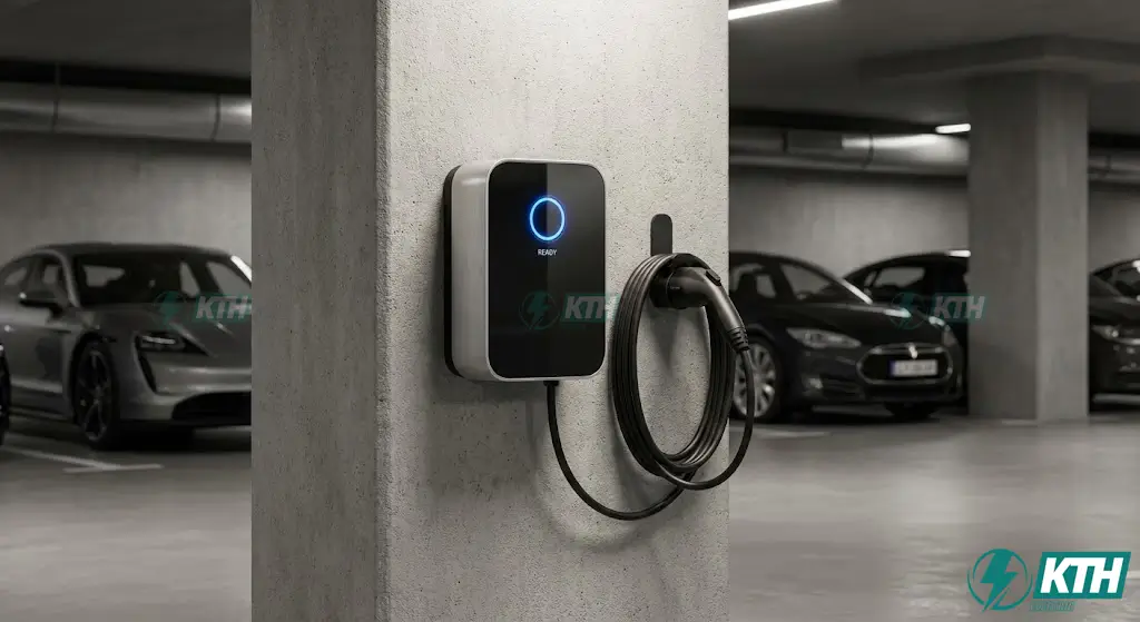 Thi Công Trạm Sạc Chung Cư Cao Cấp: Giải Pháp PCCC & An Toàn 2025 3 Bộ sạc ô tô điện treo tường Wallbox 22kW lắp đặt gọn gàng trên cột bê tông tầng hầm giúp tiết kiệm diện tích đỗ xe cho cư dân.