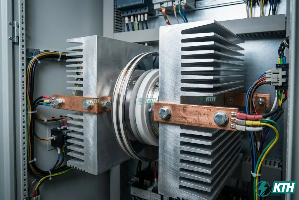 Cận cảnh linh kiện bán dẫn Thyristor công suất lớn và tản nhiệt nhôm bên trong tủ chỉnh lưu điều khiển.
