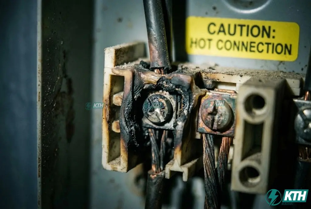 Hình ảnh mối nối dây điện bị cháy đen và chảy nhựa do đấu lỏng lẻo gây hiện tượng Move nhiệt trong công tơ điện.