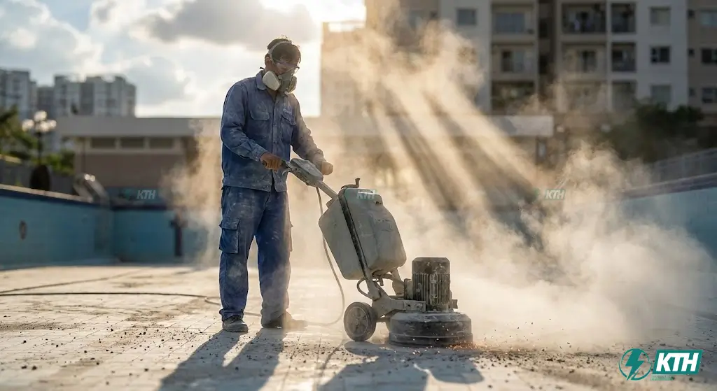 Kỹ thuật viên đang sử dụng máy mài sàn bê tông chuyên dụng để vệ sinh và tạo nhám bề mặt hồ bơi trước khi chống thấm.