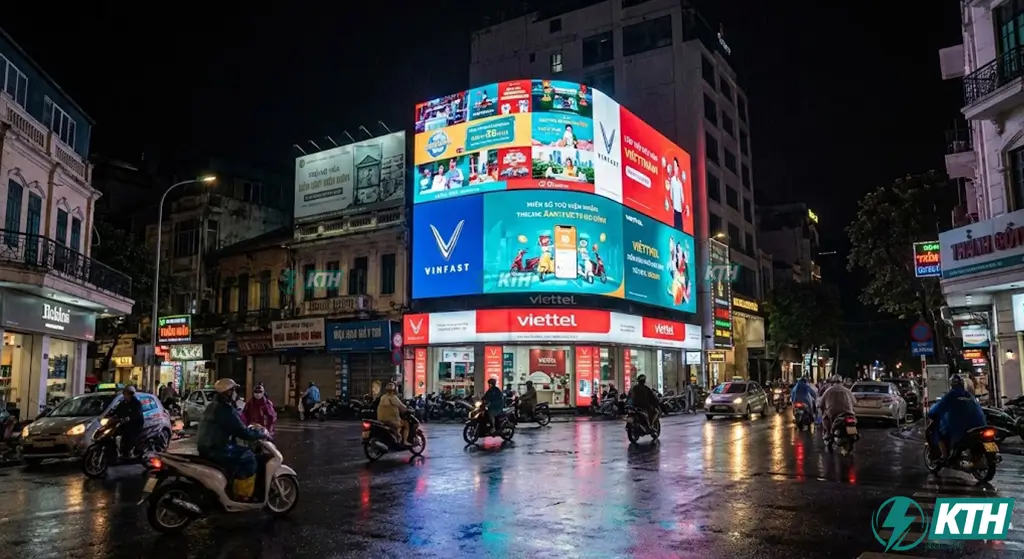 Bảng Hiệu Thông Minh Digital Signage & Màn Hình LED Tương Tác 3 Màn hình LED quảng cáo ngoài trời chuẩn IP65 với độ sáng cao nổi bật giữa ngã tư vào ban đêm, thay thế bảng bạt Hiflex cũ.