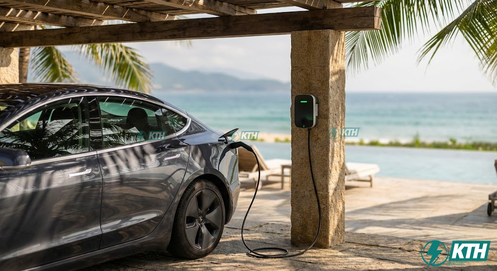 Mô hình sạc điểm đến (Destination Charging) sử dụng trụ sạc AC 22kW tại khu nghỉ dưỡng resort ven biển.