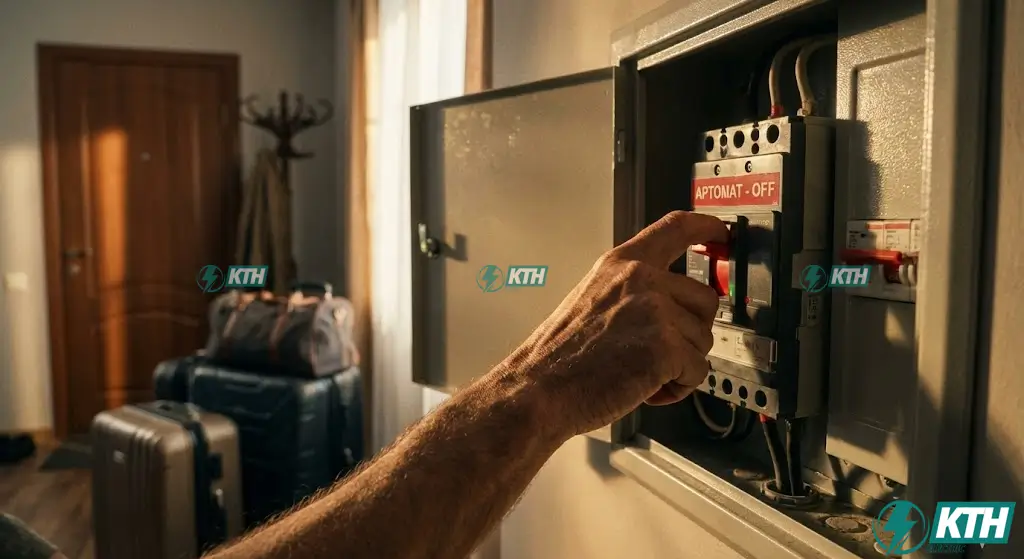 Gia chủ thực hiện ngắt cầu dao điện tổng (OFF Aptomat) để đảm bảo an toàn tuyệt đối trước khi khóa cửa về quê ăn Tết dài ngày.