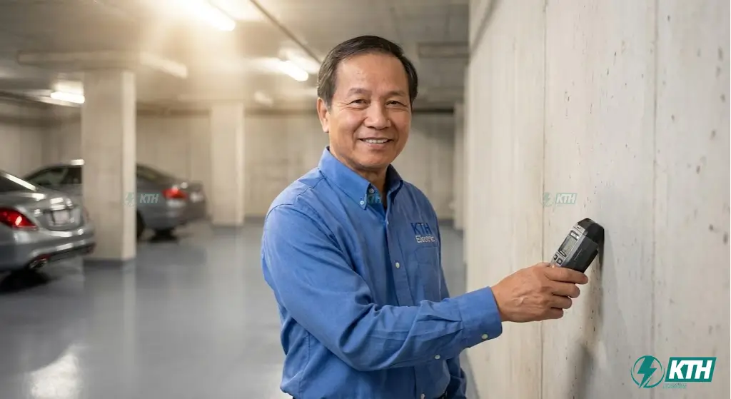 Kỹ sư KTH Electric nghiệm thu chống thấm tầng hầm bằng máy đo độ ẩm chuyên dụng đảm bảo khô ráo tuyệt đối