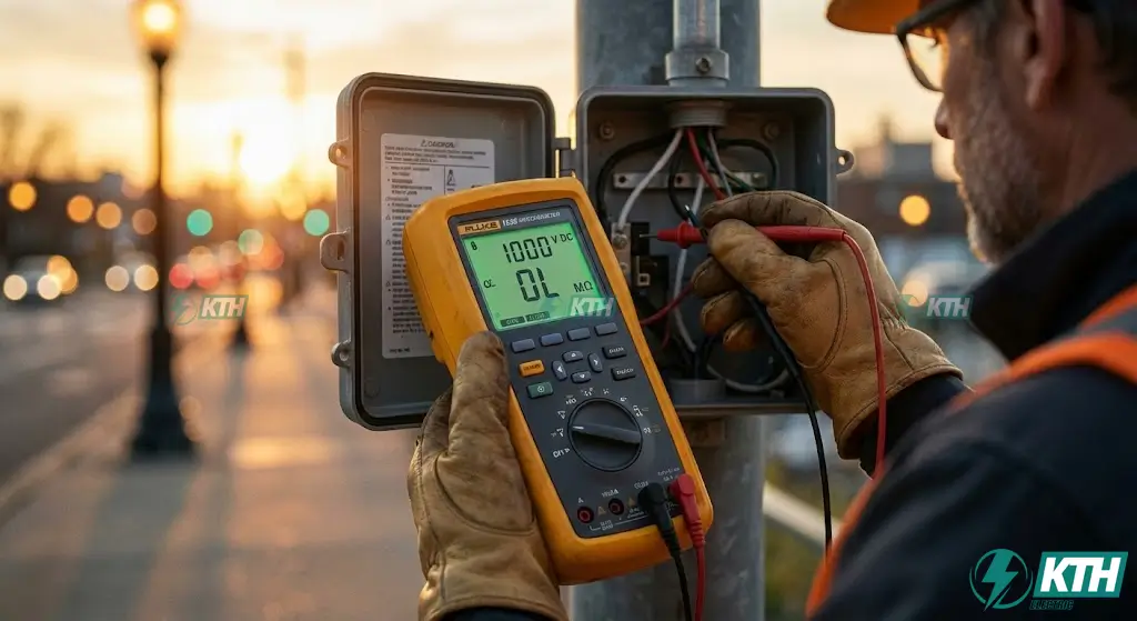 Thi Công Chiếu Sáng Hạ Thế: Biện Pháp & Báo Giá 2025 7 Kỹ sư đo điện trở cách điện và vận hành thử tải hệ thống chiếu sáng hạ thế trước khi bàn giao.