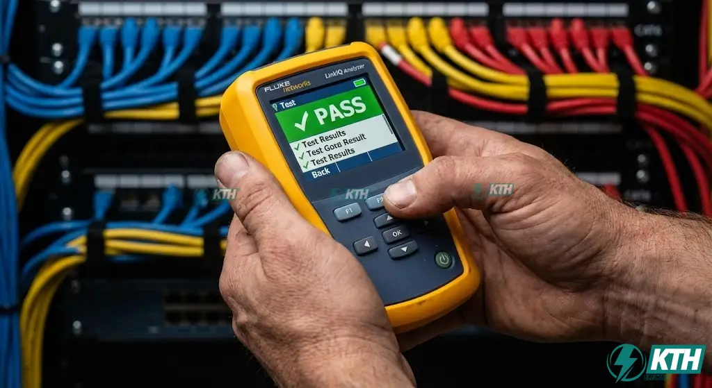 Quy trình nghiệm thu hệ thống mạng LAN bằng máy đo Fluke Networks đảm bảo tín hiệu đạt chuẩn Gigabit không bị suy hao.