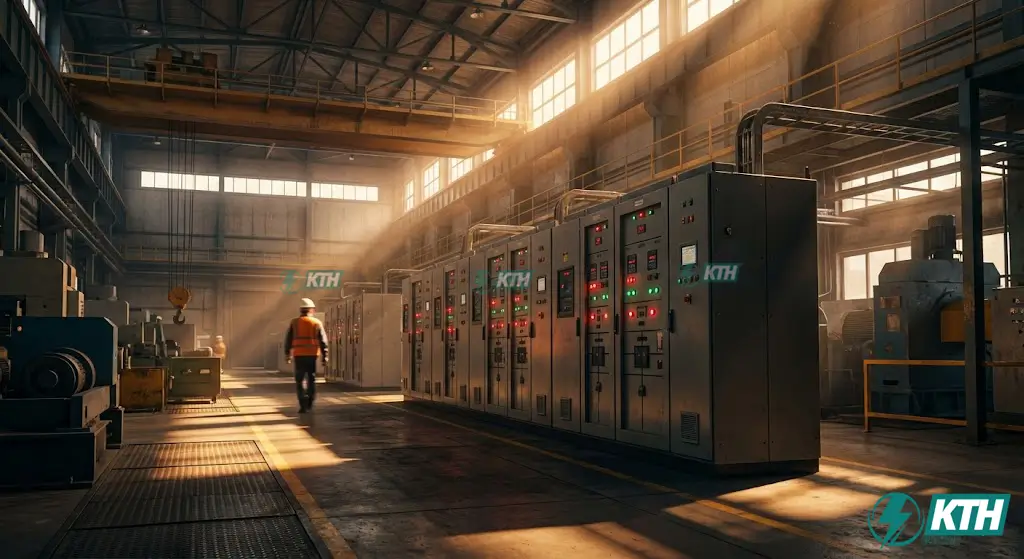 Hàng loạt tủ biến tần công nghiệp VFD hoạt động trong nhà máy sản xuất, nguồn gây nhiễu sóng hài chính.