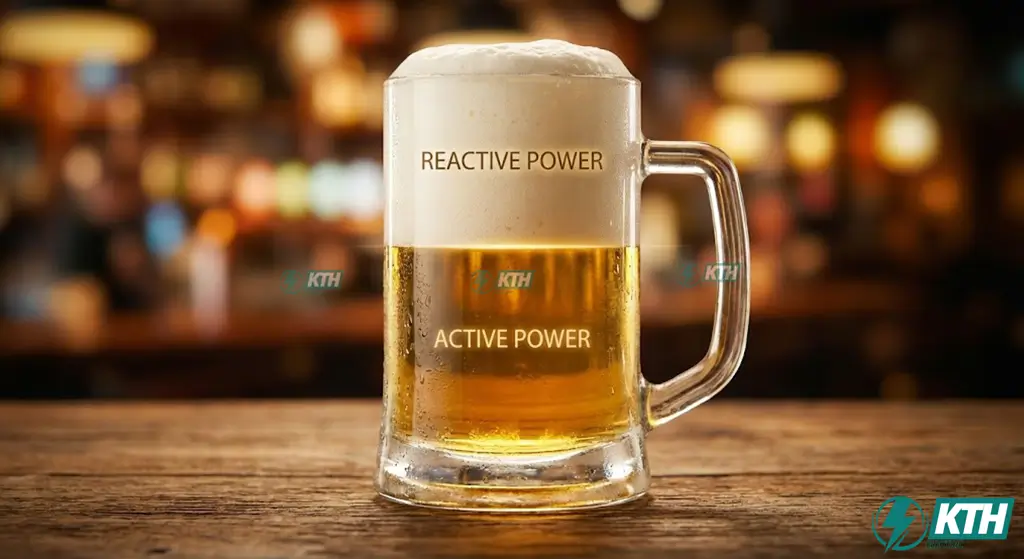Hình ảnh ly bia minh họa nguyên lý công suất phản kháng (bọt) và công suất tác dụng (bia) trong hệ thống điện.