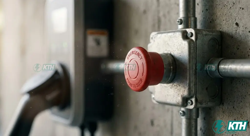 Quy Định PCCC Trạm Sạc Xe Điện 2025: Hướng Dẫn & TCVN 3890 2 Cận cảnh nút ngắt điện khẩn cấp (EPO) màu đỏ chuyên dụng được lắp đặt đúng quy cách cạnh trụ sạc xe điện để ngắt nguồn ngay lập tức khi báo cháy.